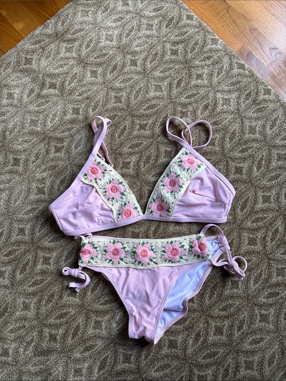 SHEIN Pink Crochet Floral Two-Piece Bikini